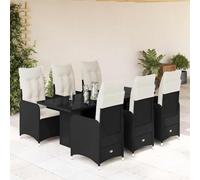 Tonture Ensemble bistro de jardin 7 pièces en rotin synthétique noir, fauteuils réglables, plateau de table en verre trempé, coussins blanc crème, résistants aux UV, pour balcon, terrasse et jardin