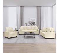 Tonture Ensemble canapé 3 pièces en cuir synthétique crème avec coussins, structure métallique robuste, pour salon, 1 fauteuil, 1 2 places, 1 tri places, assise confortable