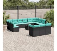 Tonture Ensemble de 14 canapés de jardin en rotin synthétique noir avec coussins bleus, modulaire, résistant aux UV, pour terrasse et balcon, salon de jardin confortable