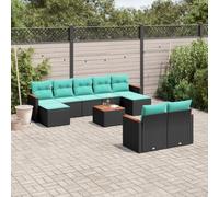 Tonture Ensemble de canapé de jardin 10 pièces en polyrotin noir, table en bois d'acacia modulaire pour terrasse, balcon, jardin, résistant aux UV, avec coussins