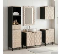 Tonture Ensemble de meubles de salle de bain 5 pièces avec étagère - Surface blanche lavée - Meuble sous lavabo en bois de manguier - Armoire à miroir - Armoire haute suspendue - Meuble de rangement