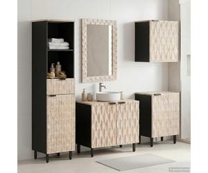 Tonture Ensemble de meubles de salle de bain 5 pièces avec étagère - Surface blanche lavée - Meuble sous lavabo en bois de manguier - Armoire à miroir - Armoire haute suspendue - Meuble de rangement