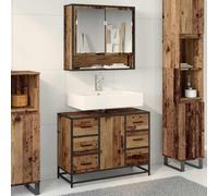 Tonture Ensemble de mobilier de Salle de Bain 2 pièces Bois Ancien avec Meuble Vasque Miroir Armoire Colonne Rangement Mural pour Petite Salle de Bain
