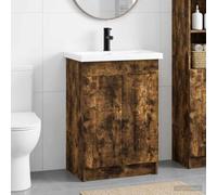 Tonture Ensemble de mobilier de Salle de Bain en Bois d'ingénierie Chêne fumé avec lavabo intégré Armoire Rangement Portes à charnières étagères et poignées en métal Noir pour Usage intérieur