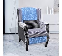 Tonture Fauteuil en tissu design patchwork, style maison de campagne, structure en bois, bleu/blanc, 68 x 73 x 101 cm, fauteuil de lecture confortable pour salon, chambre à coucher, salon