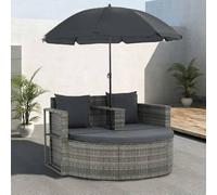 Tonture Lit de jardin avec parasol gris en polyrotin résistant aux intempéries pour 2 personnes avec coussins et rembourrage, île réglable pour terrasse, balcon, piscine