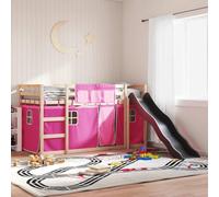 Tonture Lit superposé en pin massif avec toboggan, rideaux roses, protection anti-chute, 80 x 200 cm, pour chambre d'enfant, lit de jeu, design robuste