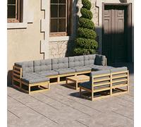 Tonture Lot de 10 meubles de jardin en bois massif de pin non traité, coussins gris, meubles d'extérieur pour terrasse, balcon, terrasse, 110 kg par siège, meubles de jardin durables