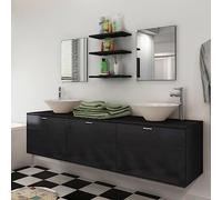 Tonture Lot de 10 meubles de salle de bain noir avec meuble sous lavabo, 2 lavabos, robinets, 2 miroirs, 3 étagères, montage mural, espace de rangement pour WC et salle de bain