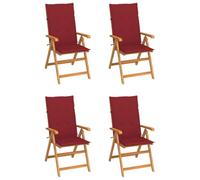 Tonture Lot de 4 chaises de jardin avec coussin rouge bordeaux en teck massif, réglables, pliables, 57 x 71,5 x 100 cm, pour salle à manger, balcon, terrasse, chaises de patio confortables