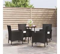 Tonture Lot de 5 meubles de jardin bistro en polyrotin noir - Table en bois d'acacia - 4 chaises avec coussins blanc crème - Pour terrasse, balcon, extérieur - Résistant aux intempéries