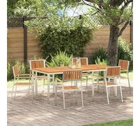 Tonture Lot de 7 tables d'extérieur en bois d'acacia massif marron avec cadre en acier inoxydable pour extérieur et véranda, peu encombrant, résistant aux intempéries, robuste, moderne