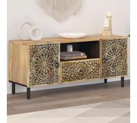 Tonture Meuble TV 105 x 33 x 46 cm - En bois massif de mangue - Motif sculpté à la main - Pieds en fer robuste - Meuble de salon - Console TV durable pour médias