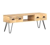 Tonture Meuble TV 120 x 35 x 45 cm, en bois massif de mangue, design industriel, avec 2 tiroirs, compartiment ouvert, meuble de salon