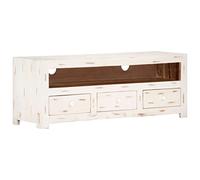 Tonture Meuble TV en bois massif d'acacia - 110 x 30 x 40 cm - Blanc - Avec 3 tiroirs et 1 compartiment - Meuble de salon moderne - Console de divertissement