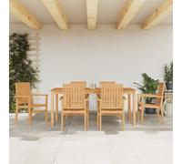 Tonture Salon de jardin 7 pièces en teck massif, 180 x 90 x 77 cm, résistant aux intempéries, pour terrasse et balcon, chaises empilables, haute résistance, durable, finition bois naturel
