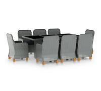Tonture Salon de jardin de 9 pièces - En rotin synthétique - Gris clair - 8 fauteuils avec coussins - Pieds en bois d'acacia - Table 200 x 100 cm - Pour terrasse, balcon, extérieur