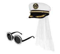 TONXX Lunettes de soleil de mariée et chapeau bleu marine avec voile pour femme chapeau de fête prénuptiale chapeau de capitaine accessoires de scène enterrement de vie de jeune fille chapeau marin