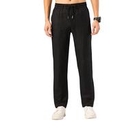 TONY BACKER Pantalon en lin pour homme léger avec poches d'été de yoga, pantalon de plage décontracté avec cordon de serrage élastique à la taille F7221, Noir , 46W