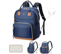 Tonyeee Sac à dos à langer - Sac à langer extra large pour 2 enfants jumeau, sac de voyage pour maman, papa, 25-37 L, extensible avec matelas à langer et trou pour écouteurs, bleu uni