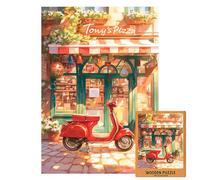 Tony's Puzzle Pizza Wooden | Red Scooter & Italian Pizzeria Scene | Cozy Street Jigsaw for Adults | Warm Sunlight Retro Art Puzzle | 1000 (M-100PIECES)