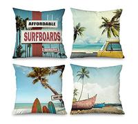 Toobaso Lot de 4 housses de coussin décoratives pour la plage, 50,8 x 50,8 cm, motif palmier, planche de surf, plage côtière, décoration d'intérieur, housse de coussin pour salon, canapé, canapé