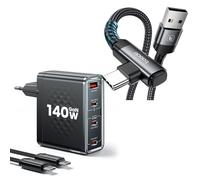 toocki 140W PD 3.1 GaN Chargeur 4 Ports + Câble USB-A vers USB-C 90° 3M， pour MacBook Pro/iPhone 17-15/Samsung Galaxy S25-S23/iPad/Switch