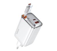 toocki Chargeur USB C 67W GaN 3-Ports PD3.0, Charge Rapide avec Écran LED, Compact & Léger, Câble Rétractable Intégré pour MacBook Pro, iPhone 17/16 Pro Max, Galaxy S25/S24, Switch, Laptop - Blanc