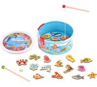 Tooky Toy jeu de pêche TL095 bois 22 pièces cannes à pêche, poissons magnétiques, boîte bleue