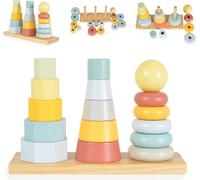 Tooky Toy jeu de tour d'empilage en bois TKF008B, trieur de formes, pyramides d'empilage multicolore