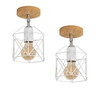 Toolight 2 Pièces Plafonnier Industriel Vintage E27 Lustre Suspension Abat-jour en Métal et Bois Luminaire Lustre Chambre pour Couloir Cuisine Salon, Ø14cm, Blanc