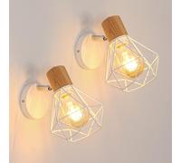 Toolight Lot de 2 Applique Murale Industrielle Vintage, Lampe Murale 350° Rotative en Bois, Lampe Cage E27 en Métal et Fer pour Chambre Couloir Salon, Max 60W, Blanc(Ampoule non Incluse)