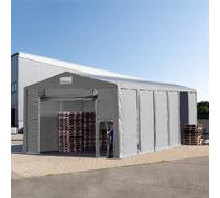 TOOLPORT 8x12 m tente de stockage, PVC 850, H. 4 m avec porte actionnée par traction et fenêtres dans le toit, gris, avec statique (type de sol : terre) - (93838)