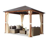 TOOLPORT Tonnelle de Jardin 3x3 m, Toit en Acier, Cadre Aluminium, Beige | Cadre: aspect bois véritable - Hardtop Pavillon - profilé env. 90x90 mm en aluminium - 4 rideaux inclus - toute l'année