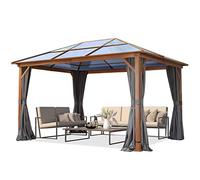 TOOLPORT Tonnelle de Jardin 3x4 m, Toit 8mm Polycarbonate, Cadre alu, Gris | Cadre: aspect bois véritable - Hardtop Pavillon - profilé env. 90x90 mm en aluminium - 4 rideaux inclus - toute l'année