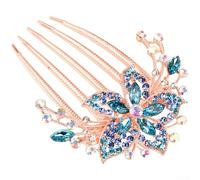 ToolsEvery Peigne à cheveux en alliage de zinc floral avec incrustation de strass, 5 dents sécurisées pour chignon élégant, accessoire de cheveux de style coréen pour femme (bleu)