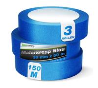 ToolSpace Ruban de Masquage Bleu - Scotch Adhésif Crêpe UV pour Peinture Decoratif - Papier Collant Rouleau 30 mm x 50 m lot de 3 - pour Multi Surfaces Intérieur Extérieur et Fenêtres Portes