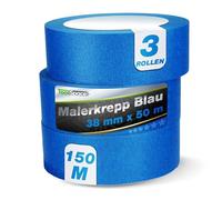 ToolSpace Ruban de Masquage Bleu - Scotch Adhésif Crêpe UV pour Peinture Decoratif - Papier Collant Rouleau 38 mm x 50 m lot de 3 - pour Multi Surfaces Intérieur Extérieur et Fenêtres Portes