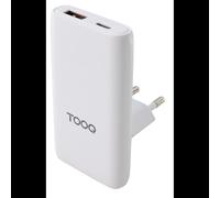 TooQ Chargeur Secteur Universel 65W GaN TQWC-GANSL65W1A1C : 1x USB-C Power Delivery 65W + 1x USB-A Charge Rapide, 100-240V, Blanc, PPS