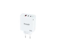 TooQ Chargeur Secteur Universel TQWC-GANQC2PD65WT, GaN, 65W, 1x USB 2.0, 2x USB Type-C, Charge Rapide, 100-240V, Blanc