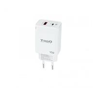 TOOQ TQWC-GANQCPD45WT - Chargeur mural à 2 ports avec technologie GaN, un port PD USB-C et un port QC USB-A 45W, couleur blanche