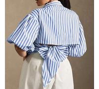 Top à col avec boutons et manches bouffantes, à nouer dans le dos, style business décontracté, bureau, chic de bureau, essentiels surélevés, du travail au w nd 0XL,1XL,2XL,3XL,4XLRayéTissu tissé