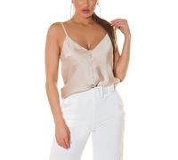 Top à col en V aspect satin avec boutons décoratifs, beige, taille unique
