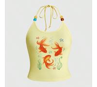 Top à col ras-du-cou imprimé graffiti de poisson rouge pour vacances sur l'île, style Y2K, grande taille pour femmes 0XL,1XL,2XL,3XL,4XLCartoon,Géométrique,graphiqueTissu tricoté