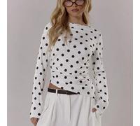 Top à col rond à manches longues avec pois et couleurs contrastées, mignon pour sortir, quotidien, bureau, école, printemps, été, décontracté, élégant, fête des mères L,M,S,XL,XSPoisTissu tricoté