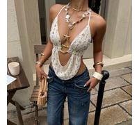 Top à encolure halter avec broderie de paillettes pour femmes, top à encolure halter rétro avec boucle métallique robuste, vêtements de rue , débardeur avec broderie de paillettes, tenues de rave et d