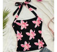 Top à la mode ajusté avec volants à la taille, imprimé hibiscus rose, style ras-du-cou pour jeune fille. Convient pour les saisons printemps/été, les fêtes, les sorties, la Saint-Valentin, le thé de l