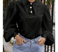 Top à manches bouffantes avec boutons perle pour femmes grandes tailles, blouse ample style palais rétro à manches lanternes, chemise noire pour le travail et les sorties au printemps 1XL,2XL,3XL,4XL,