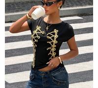 Top à manches courtes avec décoration de boutons Napoléon noir et or pour femmes, pour les fêtes, les sorties, le streetwear de base, le hip-hop, les années 90, les festivals, les vacances, t-shirt ch