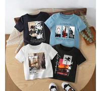 Top à manches courtes pour bébé garçon, col rond, imprimé lettres et paysage, polyvalent et décontracté pour le port quotidien 6-9M,9-12M,12-18M,18-24M,2-3YGéométrique,Lettres,PlantesÉtoffe